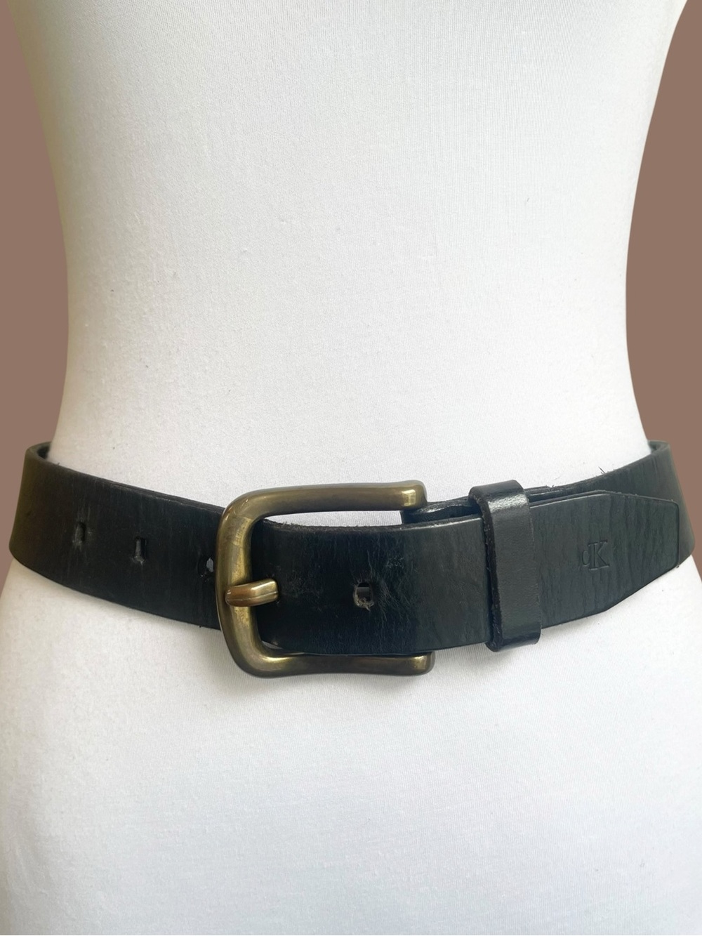 Vintage Calvin Klein Black Leather Belt Chunky Square Brass Buckle 90s Size S